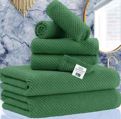 Green Towels, 6 Piece Towels Set - Cotton | Quick Dry | Thick | Lightweight | Soft, 2 Large Bath Towels 30"x56", 2 Hand Towels 18"x28", 2 Washcloths 13"x13", Luxury Towel Gift, Hunter Green