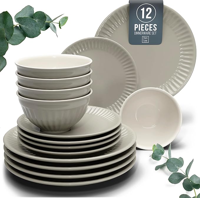 Stoneware Dinnerware Set for 4 People HYGGE 12-Piece - Elegant Scandi Design - Premium Dish Set - Bowl and Plate Set - Tableware for 4 People in a Ribbed Design - Pure Living in Light Brown