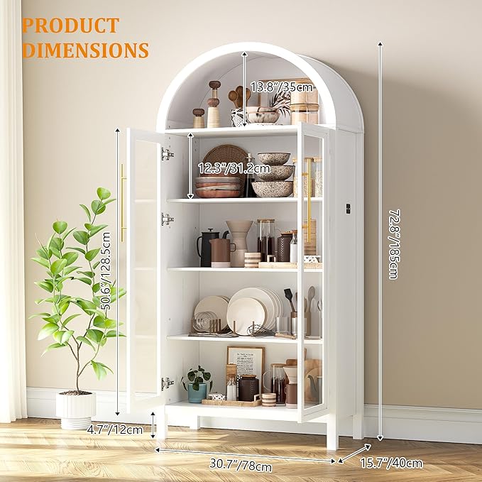 Arched Kitchen Pantry Cabinet with Glass Doors, Display Curio Case with 3 Color LED Lights for Collectibles, Modern 5-Tier Storage Hutch Cabinet, White