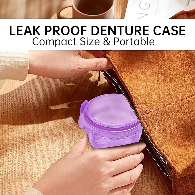 Leakproof Denture Case Purple Denture Soaking Cup False Teeth Container, Dental Denture Bath Holder Storage Box Retainer Cleaner Case for Traveling - Leak Proof and Lid Waterproof