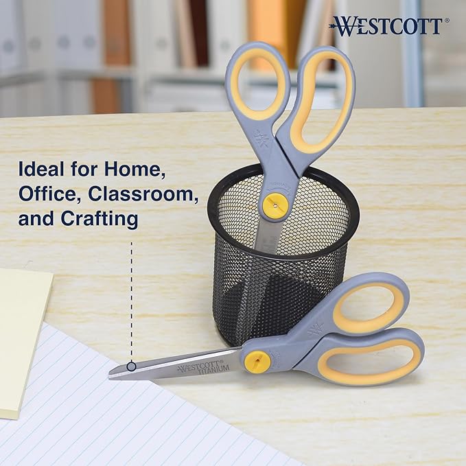 Westcott 8-Inch Titanium-Bonded Scissors with Adjustable Glide Feature for Office and Home - Gray/Yellow, 2-Pack