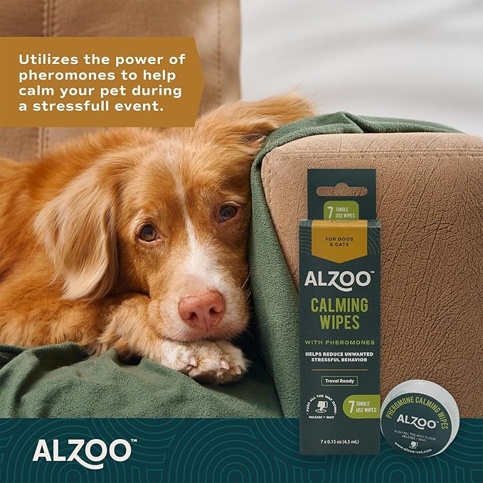 ALZOO Calming Wipes with Pheromones for Cats and Dogs, On The Go Wipes Helps Reduce Stressful Behavior, 0.15 Ounce