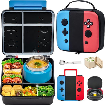 Game Lunch Box for Kids with Thermo, 9 OZ Stainless Food Jar & Insulated Lunch Bag, BPA-Free Kids Lunch Bento Box with Sauce Cup, Leakproof Lunch Box Set for Boys & Girs, School, Travel