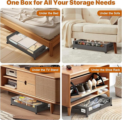 Under Bed Storage with Wheels,XXL 60L Under Bed Storage Containers with Clear Lids, Rolling Under Bed Metal Drawer for Clothes, Shoes,Toys (Black, 2 Pack)
