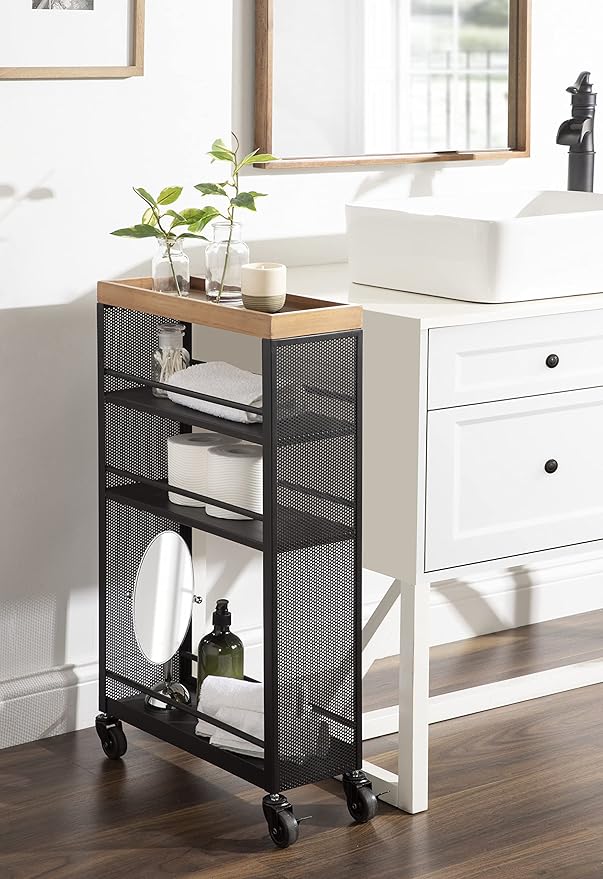Kate and Laurel Piazza Decorative Slim Storage Cart, 18 x 7 x 30, Natural Wood and Black, Decorative Narrow Rolling Cart with Locking Wheels and Three Storage Shelves for Kitchen or Laundry Room