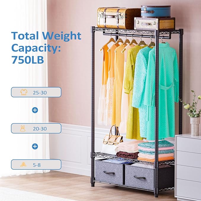 IZEUK Heavy Duty Garment Rack Wire Clothes Rack for Hanging Clothes, Metal Freestanding Closet Wardrobe Rack with 1 Rod and 2 Drawers Dark Grey 15.7" D x 35.5" W x 72.4" H