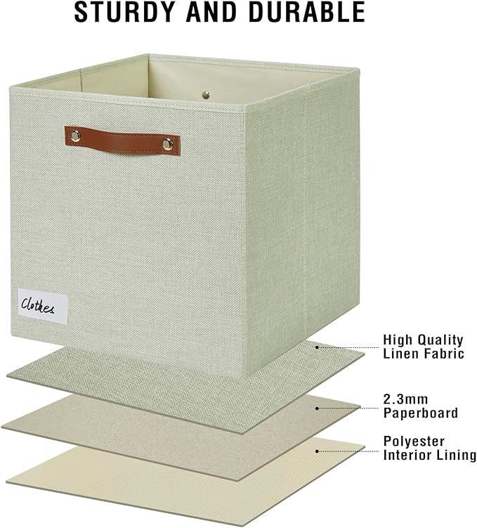 Collapsible Fabric Storage Cube Bins with 2 Reinforced PU Handles, Foldable Storage Organizer Baskets for Closet, Shelves, Living Room | 13"x13"x13", 4 Pack, Sage Green