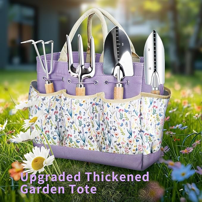 Garden Tools Set 9-Piece, Heavy Duty Stainless Steel Garden Hand Tools with Floral Tote Bag - Rust-Proof Garden Tools for Gardening, Gardening Gifts for Women Mom