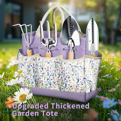 Garden Tools Set 9-Piece, Heavy Duty Stainless Steel Garden Hand Tools with Floral Tote Bag - Rust-Proof Garden Tools for Gardening, Gardening Gifts for Women Mom