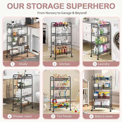 TOOLF 4-Tier Rolling Cart, Metal Utility Cart with 3 Hooks, Easy Assemble Mobile Storage Trolley On Wheels, Metal Shelving Units Kitchen Bathroom Laundry Room
