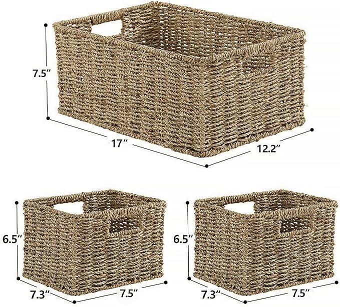 HOONEX Large Wicker Baskets for Storage, Seagrass Baskets with Dual Handles, Woven Baskets for Storage, Set of 3, Natural