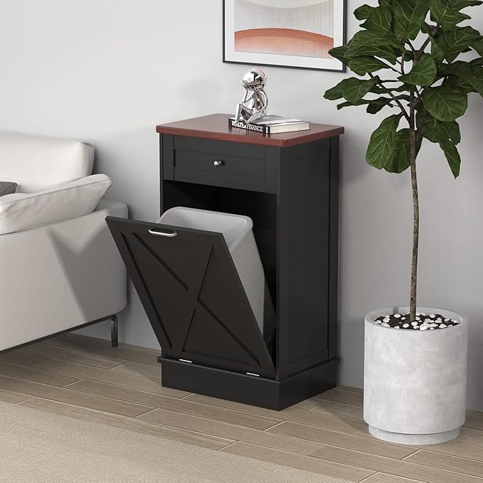 Betterhood Tilt Out Trash Cabinet 10 Gallon Wooden Free Standing Laundry Sorter, Recycling Cabinet with Hideaway Drawer, Tilt Out Trash Can Bin (Black) 35.6 H x 20.5 L x 13 W