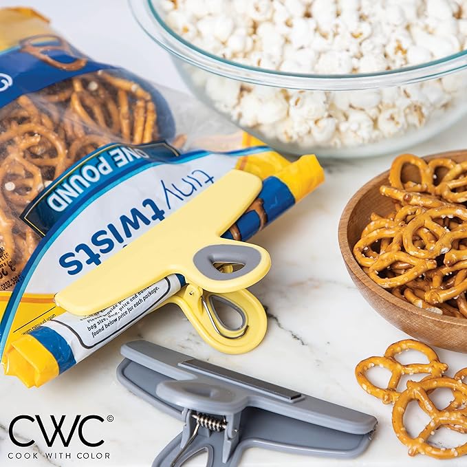 COOK WITH COLOR Bag Clips - Heavy Duty Chip Clip and Refrigerator Magnet Clips for Food Storage with Air Tight Seal Grip, Yellow and Grey, Pack of 4 Large Clips