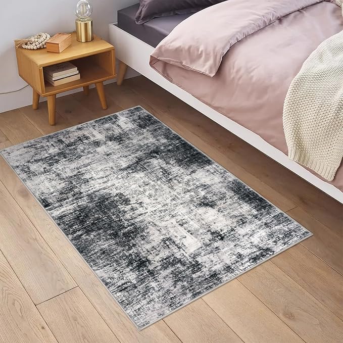 IOHOUZE Small Abstract Area Rug 2x3 Ft Entryway Rugs Washable Door Mat Indoor Entrance, Rubber Backed Throw Rugs, Printed Faux Wool Non Slip Floor Carpet for Foyer Front Door Sink, Black Grey
