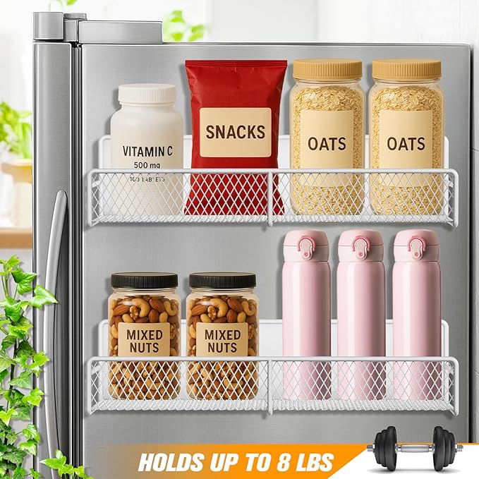 2 Pack Magnetic Spice Rack for Refrigerator, White Magnetic Shelf with 4 Removable Hooks, Rustproof Magnetic Shelf for Fridge, Oven, Condiments, Oils, Seasoning Spice Organizer