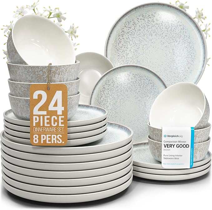 Stoneware dinnerware set 8 persons 24 pcs - Mediterranean dinnerware set, dishwasher, microwave and scratch resistant - bowl and plate set - dinnerware Pure Living Light Beige…