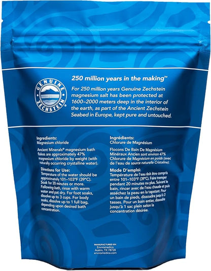 Ancient Minerals Magnesium Bath Flakes of Pure Genuine Zechstein Chloride - Resealable Magnesium Supplement Bag That Will Outperform Leading Epsom Salts 1.65 lbs
