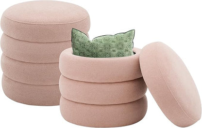 Round Ottoman with Storage Boucle Ottoman Stool Removable Lid for Living Room Modern Upholstered Vanity Storage Stool Foot Rest Bedroom Dorm Gifts Set of 2 (Pink)