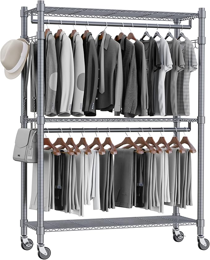 Homdox Rolling Clothes Rack Heavy Duty, 3-Tier Adjustable Wire Shelving Garment Organizer with Double Rods & Hooks, Portable Clothes Rack with Wheels, 17.72" D x 47.24" W x 80.71" H, Grey