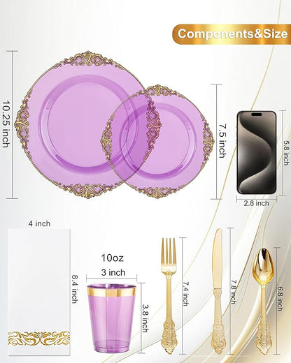 Nervure 350PCS Purple Plastic Plates - Purple Plastic Dinnerware Sets for 50 Guests - 100 Disposable Plates, 150 Gold Silverware, 50 Cups, 50 Napkins for Wedding & Party