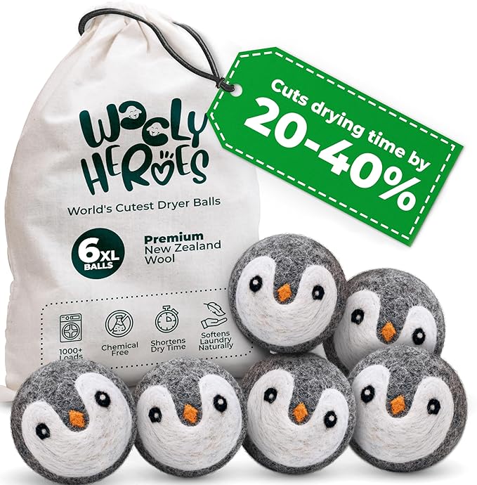 No More Dryer Sheets! Reusable Wool Dryer Balls XL 6-Pack - Reduces Static, Cuts Dry Time, & Softens Naturally