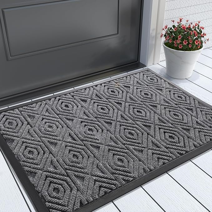 Yimobra Door Mat, Outdoor Indoor Entrance Welcome Mat, Heavy Entry Front Door Mat, Stain & Fade Resistant, Low Profile, Sturdy Rubber, Easy Clean Patio Floor Mat, Waterproof, 29.5 x 17, Gray