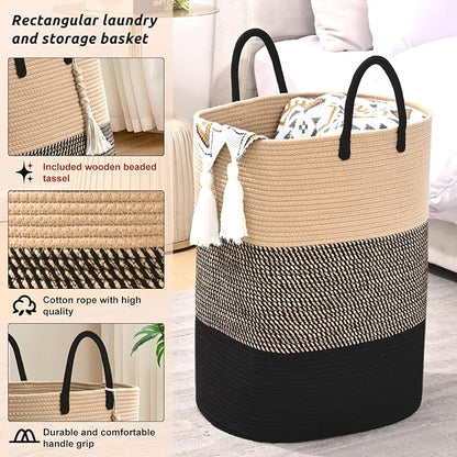 Woven Laundry Basket for Clothes, 80 L Large Rectangle Laundry Hampers with Beads Tassel, Nursery Storage Basket for Toys, Tall Dirty Clothes Hamper for Bedroom Aesthetic, Laundry Room Organization