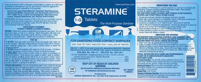 6 Bottles Steramine Sanitizer Tablets w/15 QT-10 Test Strip - Multi Purpose Steramine Sanitizing Tab for Food Contact Surface, Kitchen, Restaurant, Diner & Food Service by FryOilSaver Co. (900 Count)