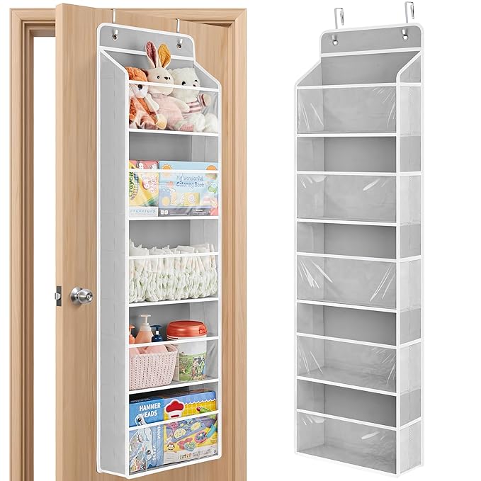 JARLINK Toy Stuffed Animal Storage, Over The Door Organizer W/Clear View Windows, 44lb Load, Baby Toy Storage Organizer for Nursery, Kid Bedroom, Newborn Baby Essentials (Light Grey)