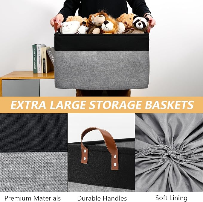 DULLEMELO Extra Large Canvas Fabric Storage Basket, 70L Foldable Closet Storage Bin with Handles, 22" Large Blanket Basket Living Room for Storage Toys, Pillows, Clothes, Books (Black&Grey)
