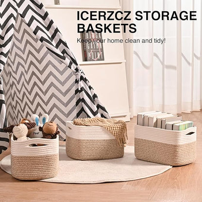 Storage Baskets for Shelves, Woven Storage Basket, Bins for Cube Storage, Cotton Rope Basket with Handles for Toy, Book, and Clothes Living Room, (4 Packs) Off White & Brown