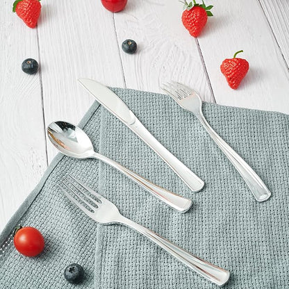 FOCUSLINE 300 Pack Disposable Silver Plastic Forks, Solid and Durable Plastic Cutlery Forks, Heavy Duty Disposable Utensil Silverware for Catering, Parties, Dinners, Weddings