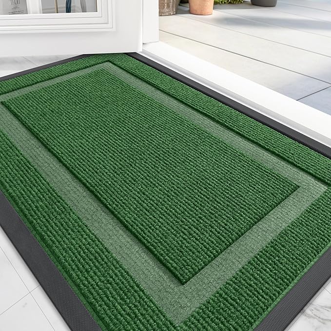 OLANLY Front Door Mat Indoor Outdoor Entrance, Waterproof All-Season, All-Weather Doormat, Sturdy Natural Rubber, Fade Resistant, Low Profile, Easy Clean Patio Porch Entryway Mat, 47x24, Green
