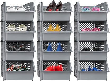 Skywin Plastic Stackable Storage Bins for Pantry, 12 Pack Stackable Bins For Organizing Food, Kitchen, and Bathroom Essentials (Grey)