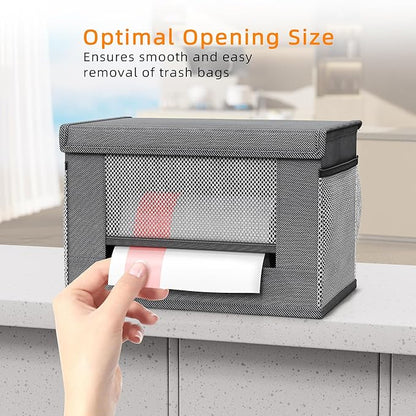 2 Pack Trash Bag Holder Dispenser, Oxford Cloth Garbage Bag Storage Organizer with Mesh Pockets, Foldable Kitchen Organizer Fits 13 Gallon Roll for Kitchen and Pantry（Small）