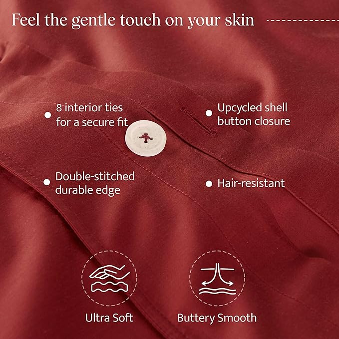 Double Stitch Cotton Tencel Duvet Cover - Queen Size Comforter Cover, Luxury & Soft Eucalyptus Lyocell Bedding Set for Hot Sleepers, Cooling, Smooth & Breathable, Button Closure, Red, 90"x90"