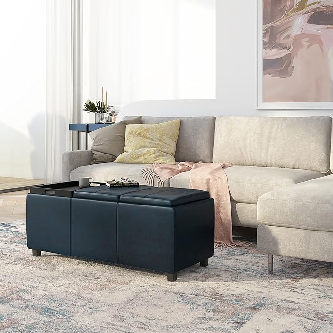 SIMPLIHOME Avalon 42 inch Wide Contemporary Rectangle Storage Ottoman in Distressed Dark Blue Vegan Faux Leather, Assembled, for the Living Room, Entryway and Family Room