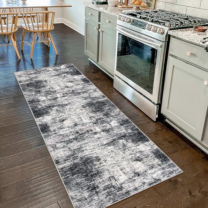 IOHOUZE Abstract Runner Rug 2x7 Ft Washable Runners for Hallways, Non Slip Kitchen Runner Printed Faux Wool Entryway Runners Indoor, Modern Abstract Floor Carpet for Hall Kitchen Bedroom, Black Gey