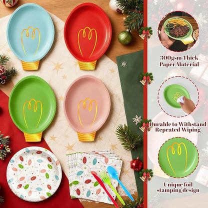 177Pcs Christmas Party Supplies Decorations, Disposable Christmas Light Bulb Paper Plates Napkins Cups Plastic Cutlery Serve 25, Heavy Duty Disposable Dinnerware Set for Holiday Home Xmas Party Decor