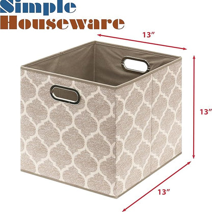 SIMPLE HOUSEWARE 13-Inch Collapsible Fabric Cube Storage Bin with Handles, Printed Design, 3 Pack, Beige