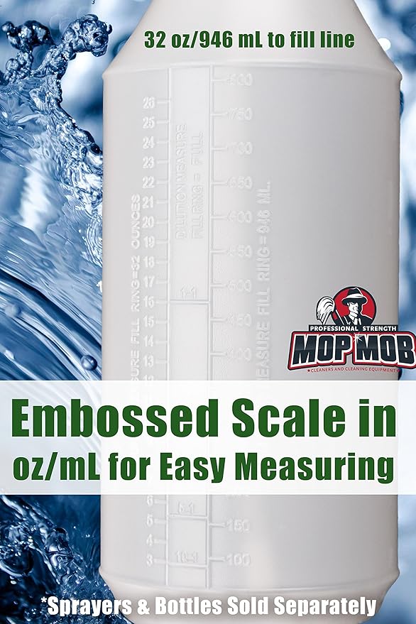 Commercial-Grade Chemical Resistant 32 oz Bottles ONLY 4 Pack Embossed Scale For Measuring. Pair With Industrial Spray Heads For Auto/Car Detailing, Janitorial Cleaning Supply or Lawn Care.