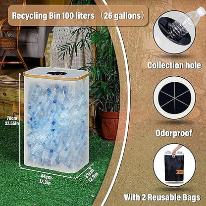efluky Recycling Bin 100L, 26 Gallon Recycle Bins for Kitchen Indoor Outdoor Home with 2 Removeable and Reusable Inner Bag, Tall Recycle bin for Bottle Can Plastice Stickers (Beige)