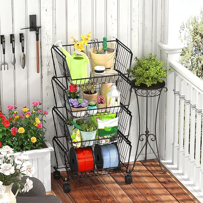 PUSDON Stackable Metal Storage Carts, Dual Use Shelf for Kitchen Fruit Vegetable Baskets with Wheels, Storage Rack for Living Room, Home & Office, Standard Black 4 Tiers