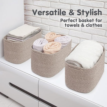 CHAT BLANC Cotton Rope Baskets for Organizing | Storage Baskets for Shelves | Rope Basket for Storage, Small Laundry Baskets, Woven Baskets for Storage, Dog Toy Bin, Baby Basket, Brown 3 Pack