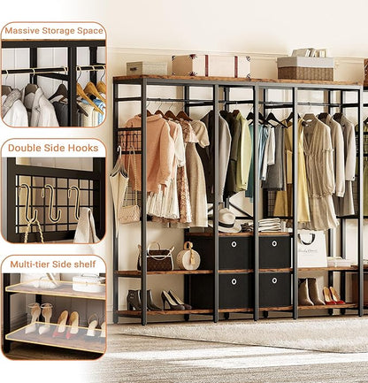 IRONCK Garment Racks with Shelves 4 Drawers and 8 Hooks Heavy Duty Closet Organizer for Hanging Clothes, Freestanding Closet Wardrobe Rack, Vintage Brown