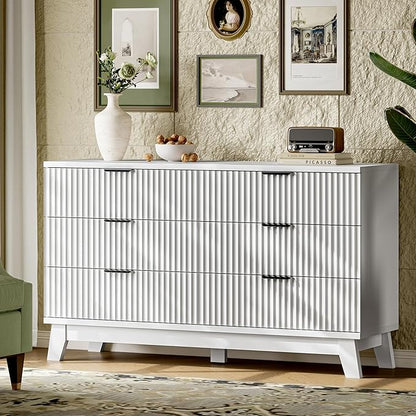 Fluted Dresser with 6 Drawers, 54" Wide Modern Chest of Drawers with Metal Handle, Wooden Dresser TV Stand, Wood Closet Clothes Storage Organizer for Bedroom, Living Room, Hallway, Solid White