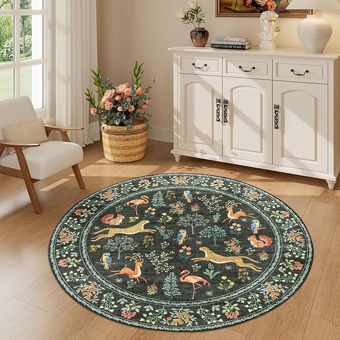 DUKINO 4ft Round Rug, Washable Round Area Rug, Non Slip Indoor Low Pile Animal Design, Soft Small Vintage Circle Carpet for Bedroom, Entryway, Living Room, Dining Room, Black