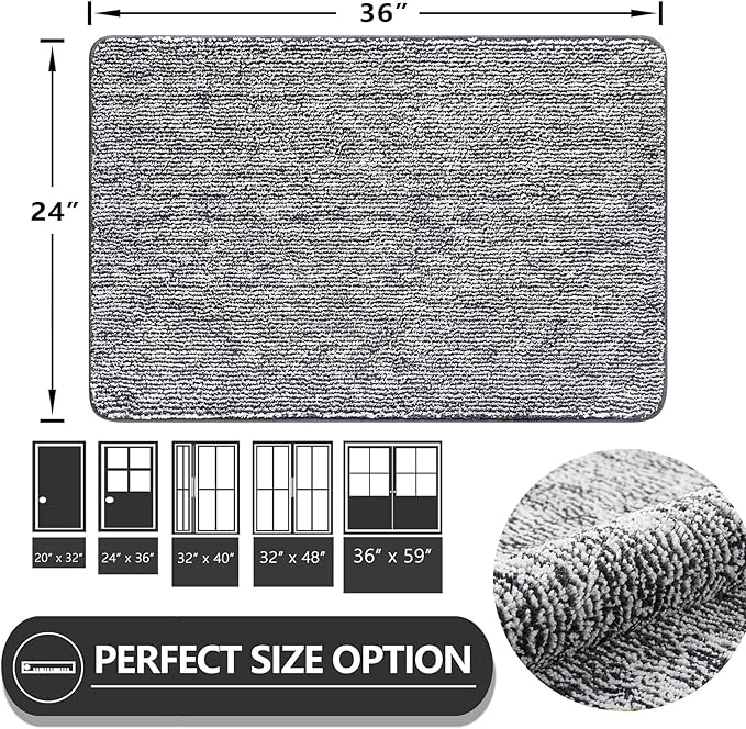 REFETONE Indoor Doormat, Front Door Mat 24"x36" Absorbent Rubber Backing Non Slip Back Door Mats, Washable Low-Profile Inside Floor Mat Door Rugs for Entryway, Resist Dirt Mud Mat for Dogs, Dark Grey