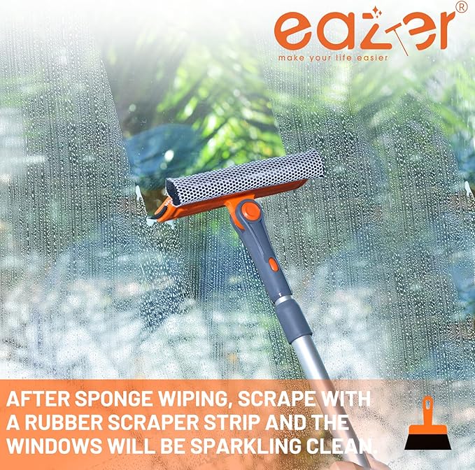 eazer Professional Window Squeegee, 2-in-1 Rotatable Squeegee for Window Cleaning Kit, Window Cleaner Tool, Window Washing Equipment Kit with Extension Pole (20''-30'') for Shower/Windshield - 2 Head