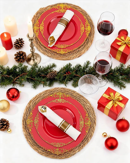Nervure 350PCS Red Plastic Plates - Red Gold Plastic Dinnerware Sets for 50 Guests - 100 Gold Disposable Plates, 50 Pre Rolled Silverware Sets, 50 Cups Perfect for Wedding & Party & Christmas